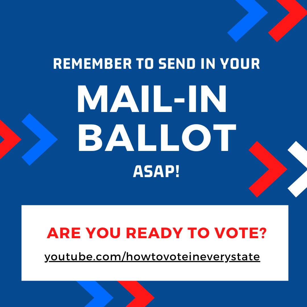 If you're planning on voting by mail, remember to send in your ballot asap! 

The US Postal service suggests sending your ballot in at least two weeks before the election. To learn more about mail-in voting in your state, check out your state's video: youtube.com/channel/UC7SMw…