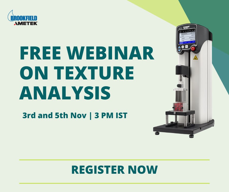 Brookfield_AZ's tweet photo. 📣Webinar on Texture Analysis
Join us for an overview of our Texture Analyzer and its importance in quality control for Pharmaceutical and Food products.

Price: Free

⏰Date and time: 03rd Nov and 5th Nov | 3 PM IST

Fill out this form to register: https://t.co/nrECyQ59qC https://t.co/nLpwwyybBr