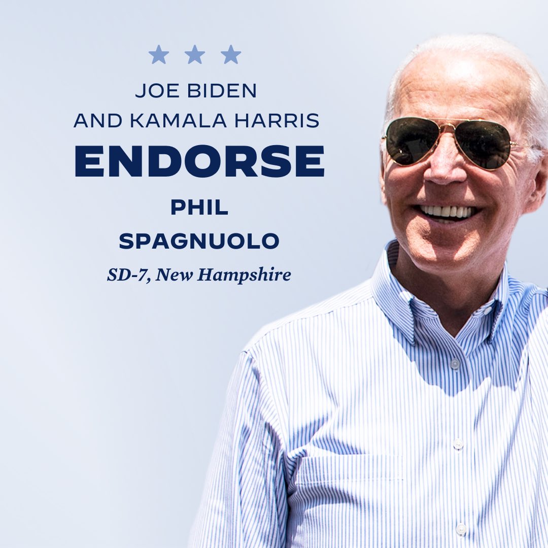 PhilSpagnuoloNH's tweet photo. I am so proud to announce that I have been ENDORSED by VP Biden and Sen. Harris! 

From top to bottom we need leaders who put people first &amp; I am so thankful for their support.

Please consider helping me flip this seat by chipping in here: https://t.co/dC1qJXOAD4

#NHpolitics https://t.co/wDhMvhGDcP