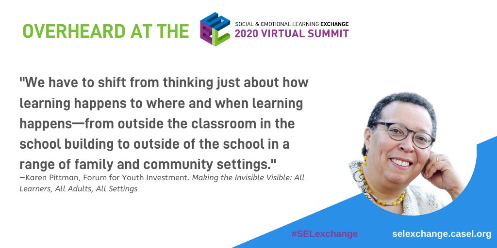 DemocraticEduc3's tweet image. edutopia: RT @2020SELExchange: Overheard at the #2020SELExchange Summit: Karen Pittman, Forum for Youth Investment @forumfyi, in partnership with @edutopia on #HowLearningHappens.
