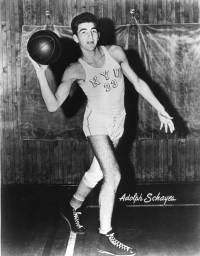 Schayes played college ball at NYU, 1945-48. He started all 4 years. He led NYU to two NCAA tournaments, losing by 4 points in championship game in 1945.1948: Played for Syracuse Nationals of NBL. Won Rookie of the Year award. Nats then moved to NBA in 1949.