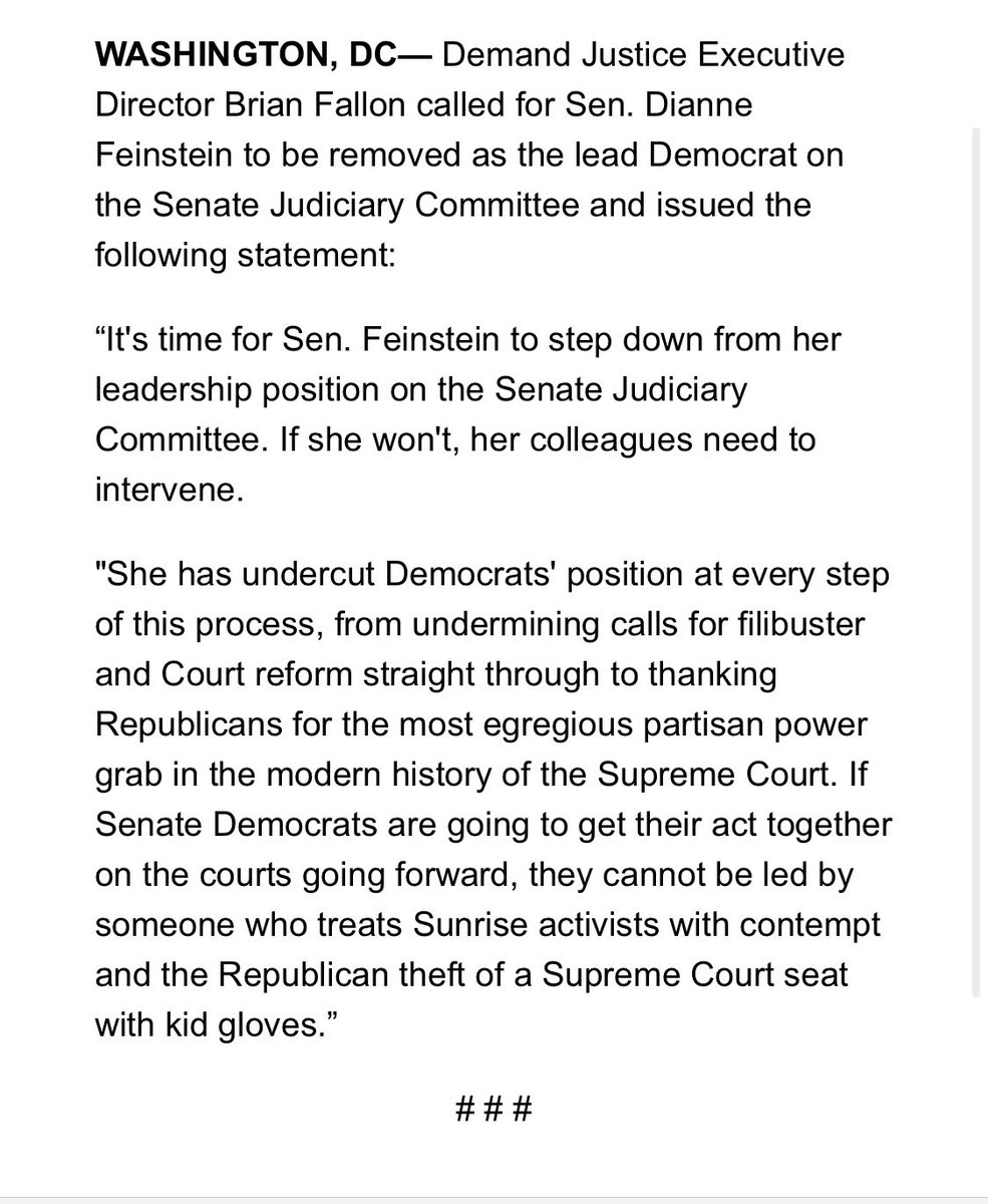 seungminkim's tweet photo. Demand Justice wants Feinstein ousted as the top D on Judiciary. Via @brianefallon https://t.co/IzXAlpvtY8