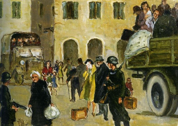 #AccaddeOggi 
Il 16 ottobre 1943 le forze di occupazione naziste arrestarono a Roma più di 1000 ebrei, che furono deportati ad Auschwitz-Birkenau. Solo 16 sono tornati.
Alle 11.00 su facebook.com/FMSonlus
lo racconteranno tre testimoni racconteranno.
Disegno di Aldo Gay