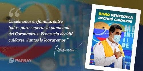 Inicia la entrega del Bono Venezuela Decidió Cuidarse enviado por nuestro Presidente <a href="/NicolasMaduro/">Nicolás Maduro</a> a través del <a href="/CarnetDLaPatria/">Carnet de la patria</a>. La entrega tendrá lugar entre los días 15 al 20 de octubre de 2020. 
<a href="/MervinMaldonad0/">Mervin Maldonado</a> 

#ImpulsamosLaSoberaníaAlimentaria