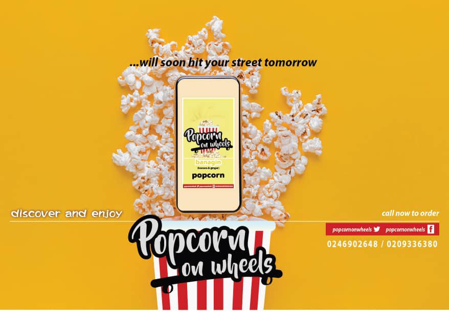 You requested and we listened. It’s on tomorrow! Grab a pack from the sales team - Circle, Osu, AÇcra, Kaneshie and Kasoa Toll Booth. GH 5.00. Popcorn on Wheels ...discover and enjoy 😉