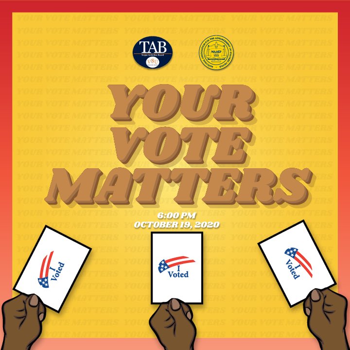 Join TAB and The NAACP💫
October 19th at 6pm on the Trojan Activities Board’s IG Live as we gear up for Election Day and discuss the importance and the impact YOUR vote can make! Election Day is November 3rd🗳 Make your vote matter! 🗣