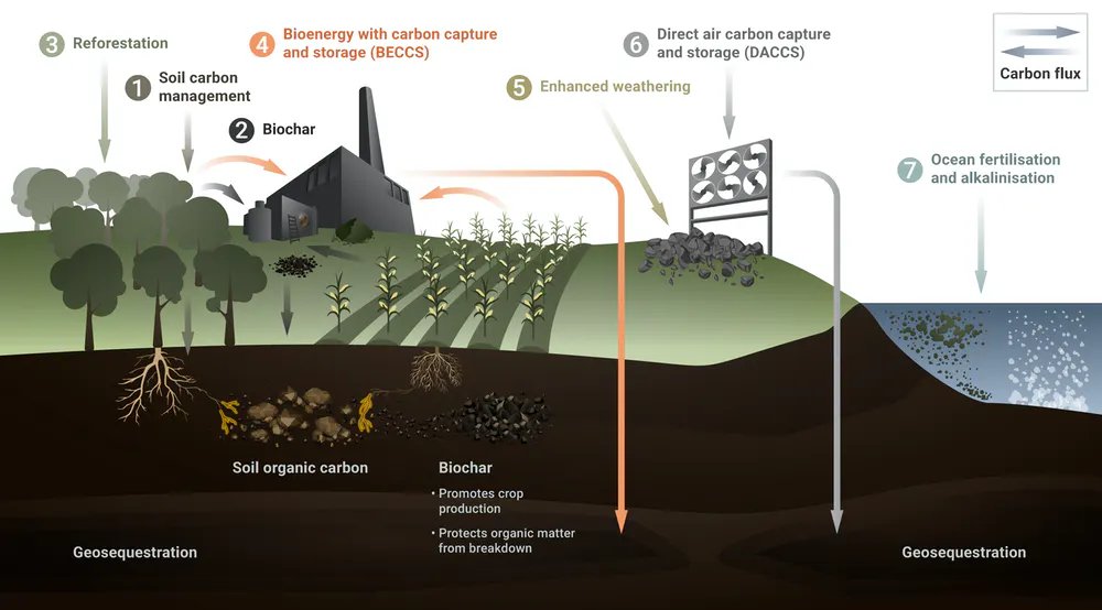 The seven ways to suck CO₂ out of the atmosphere:
1. Soil carbon management
2. Biochar
3. Aff/Reforestation
4. Bioenergy with Carbon Capture & Storage (BECCS)
5. Enhanced weathering
6. Direct air carbon capture & storage (DACCS)
7. Ocean fertilisation
https://t.co/OHwm03X2Gx https://t.co/dxvCmWJk80