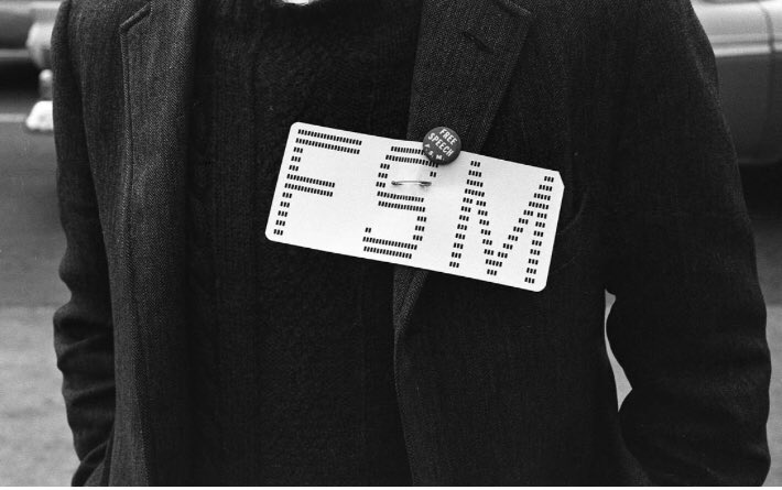 For the 1964 Berkeley Free Speech movement, the IBM punch card (used by UC students to register for classes) was a key symbol of institutional conformity they were fighting. They reclaimed the cards by punching out “Free Speech” and other slogans—and also burned them en masse./1