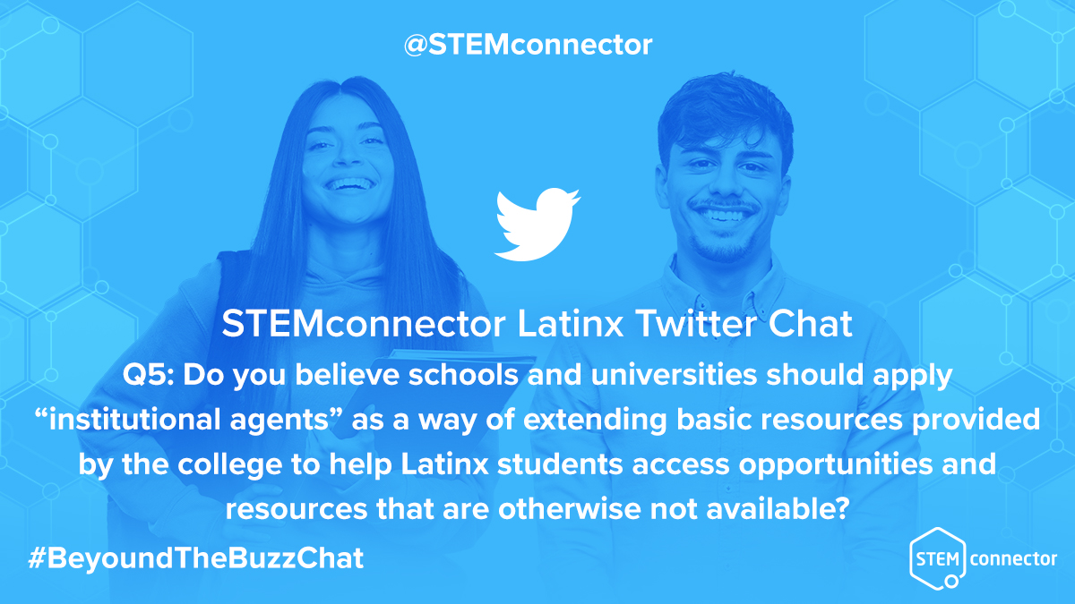 STEMconnector's tweet image. Q5: Do you believe schools and universities should apply “institutional agents” as a way of extending basic resources provided by the college to help Latinx
students access opportunities and resources that are otherwise not available?

#BeyondTheBuzzChat