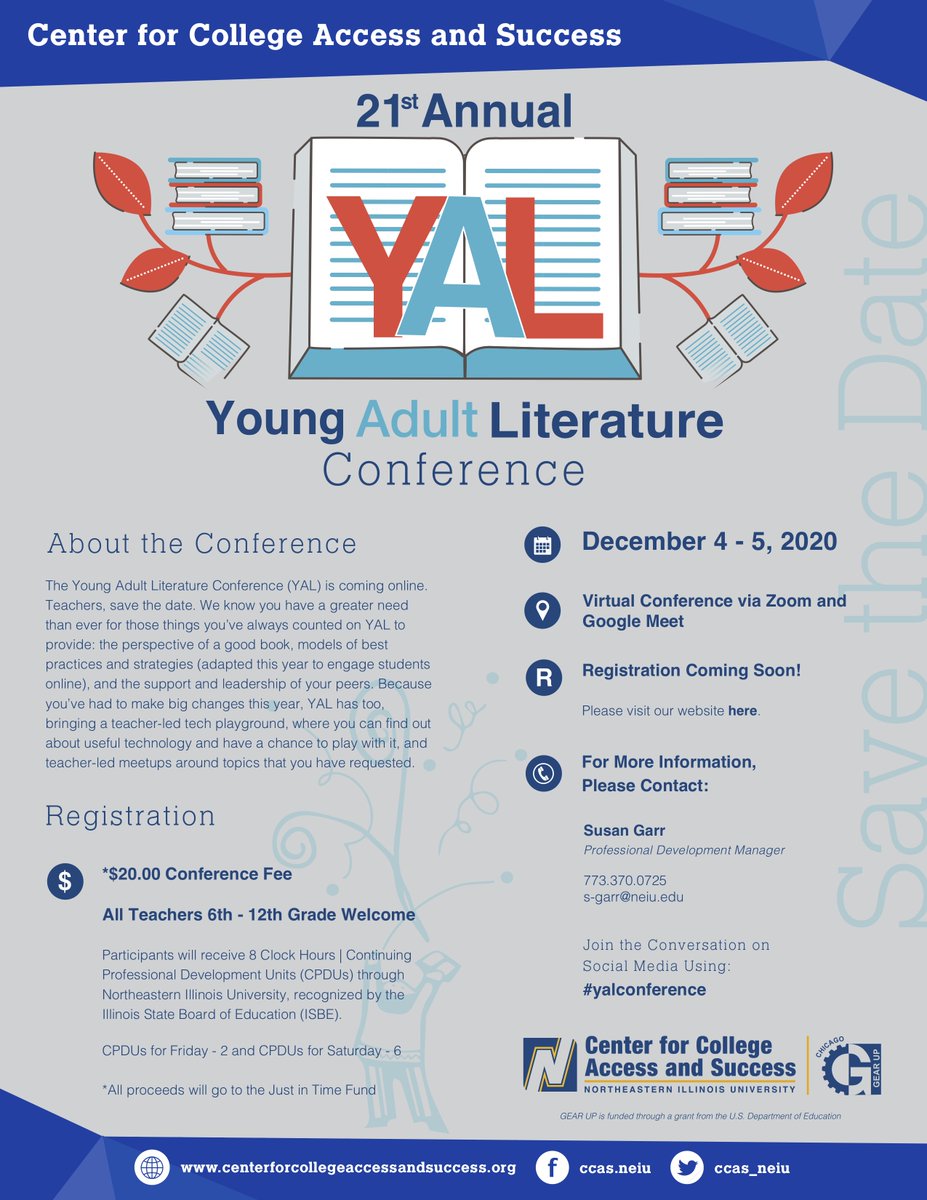 NeiuCCAS's tweet photo. Save the Date! The YAL Conference is coming online Dec 4-5. Let's finish out 2020 by coming together with fellow teachers to talk best practices, new tech, and good books.
#yalconference @YAL_CCAS https://t.co/K6QVE7vtSQ