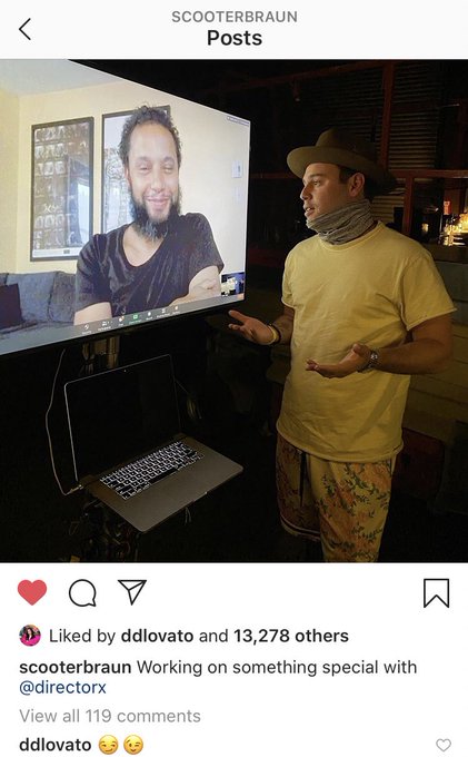 3. Now that the framework for why it would happen is out of the way, let& #39;s get to concrete evidence that Demi Lovato x Justin Bieber is coming. Notice Demi& #39;s comment on a yet unreleased Director X video, and Justin was there too (Scooter is wearing the same outfit).