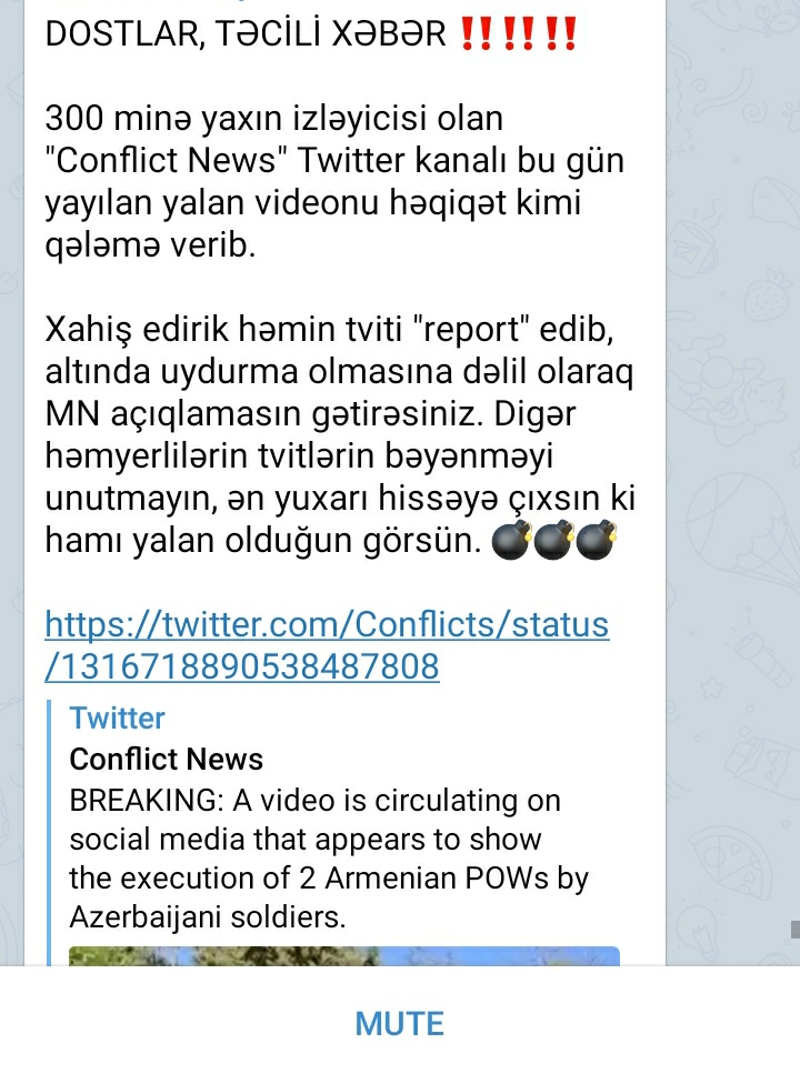 Azerbaijan Defense Ministry: "Armenians are spreading fake videos on social networks that have nothing to do with an Azerbaijani soldier" 
#StopArmenianDesinformation #FakeNews #DontBelieveArmenia