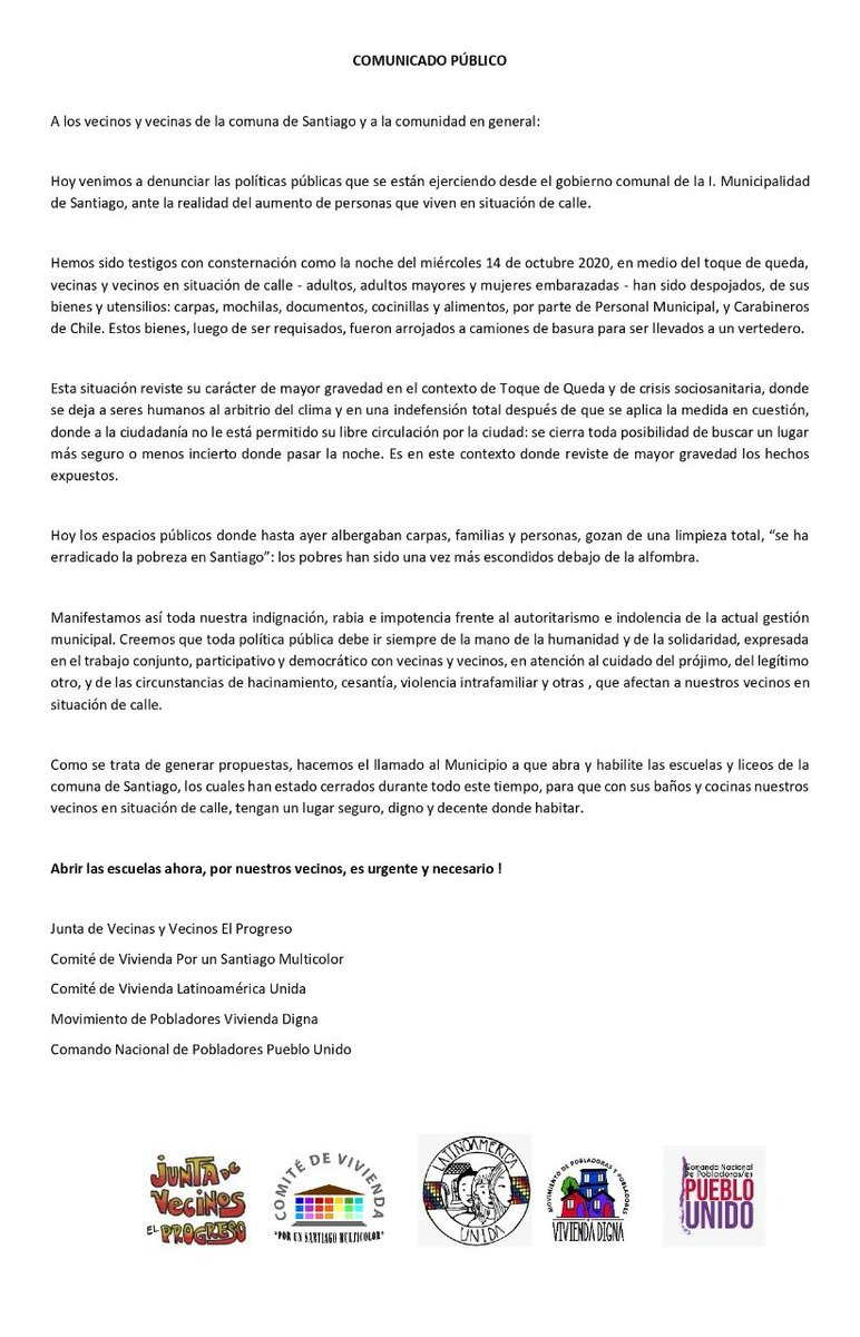 StgoMulticolor's tweet photo. Comunicado Público en relación a desalojo de vecin@s en situación de calle de nuestra comuna de Santiago https://t.co/SC1Dt2iPwN
