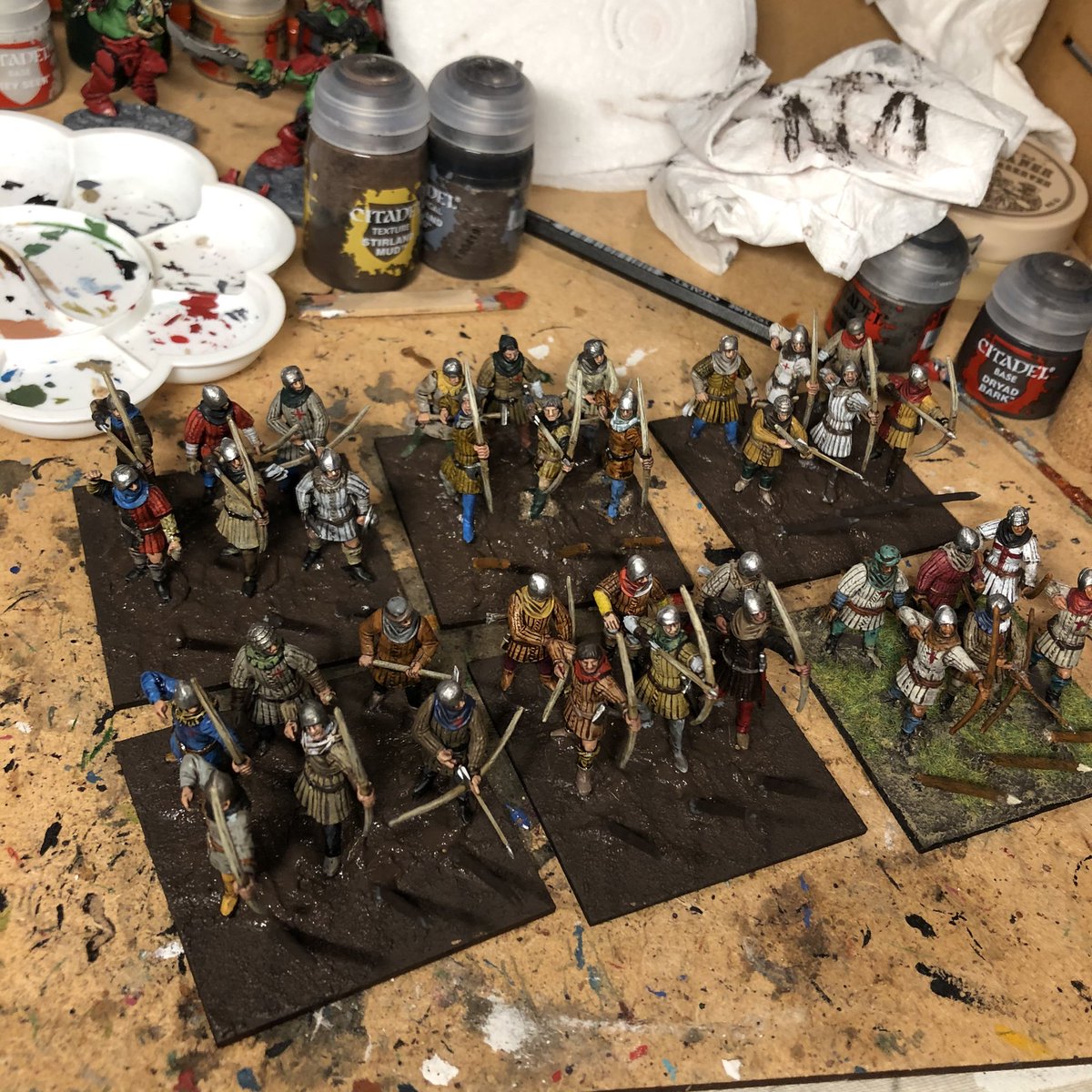 Basing is underway. I could mix up brown paint, sand, pva, etc. However in practical terms I must admit it’s simply easier to just use Stirland Mud, so that’s what I’ve plastered on here.