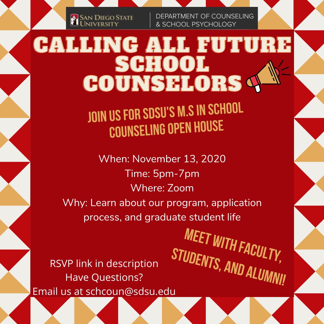 Please join us at our open house to mean more about our program and how to apply!
RSVP at tinyurl.com/y4fghac6
#sdsuschoolcounseling #masters #sdsugrad #sdsu #schoolcounseling #openhouse #futureschoolcounselor