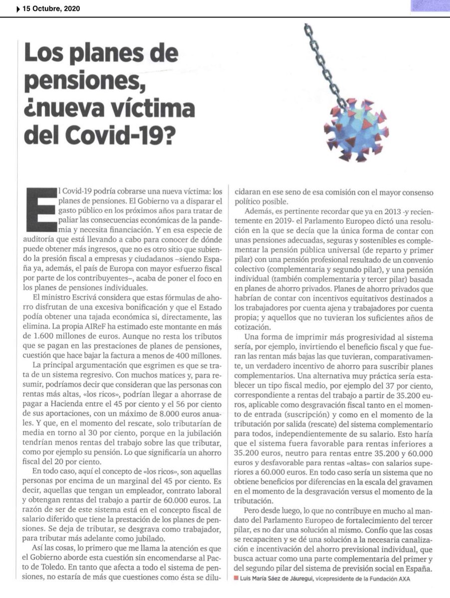 LSaezJauregui's tweet photo. 📣 #Artículo (2020): “Los planes de pensiones, ¿nueva víctima del COVID-19?”. @inversionbw @finanzascom Inversión y Finanzas, nº 1206. Pág. 59.
🌐
Léelo aquí: https://t.co/GdOzbDOxSf