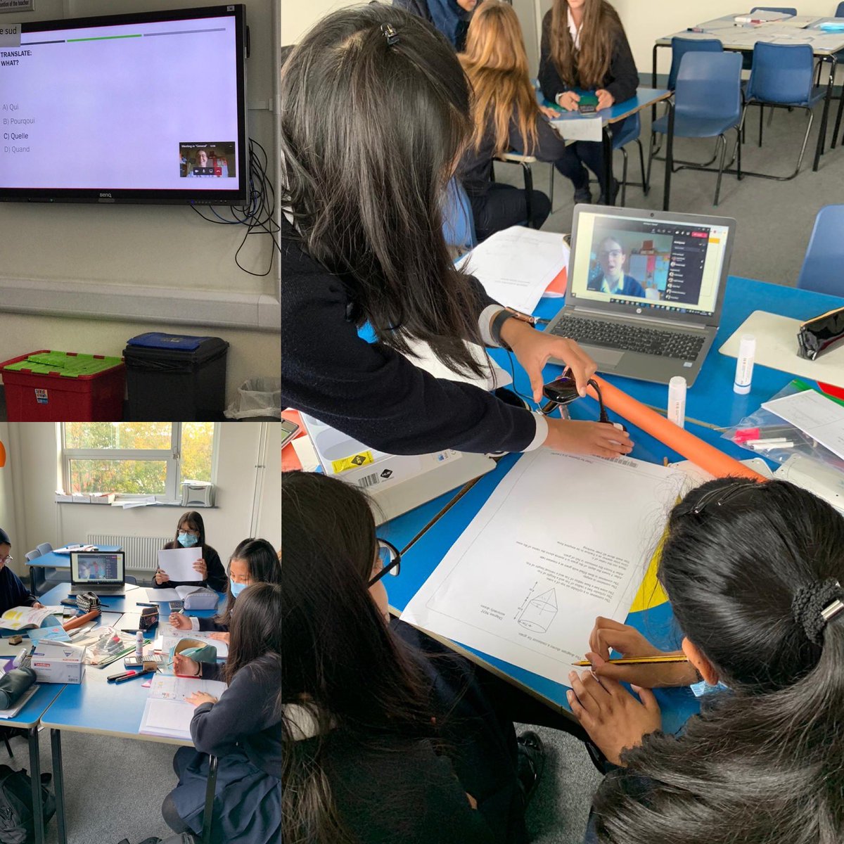 ReadingGirlsSch's tweet photo. ‘SCHOOL CALLING TAMSIN, CAN YOU HEAR (and see) ME?’... Year 11 girls doing maths group work with their classmate Tamsin who is at home isolating #RGS #hybridclassrooms #year11 #REALlessons https://t.co/dJpEzTtgOK