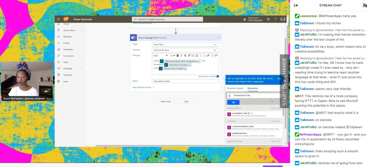 donasarkar's tweet image. Now @amac_ncheese shares her journey from HTML website maker to #PowerAutomate master of efficiency. She showed us so many ways our devices can do our work for us. 

I absolutely could not believe this was one of her first speaking gigs. Spectacular! #StartDevChange
