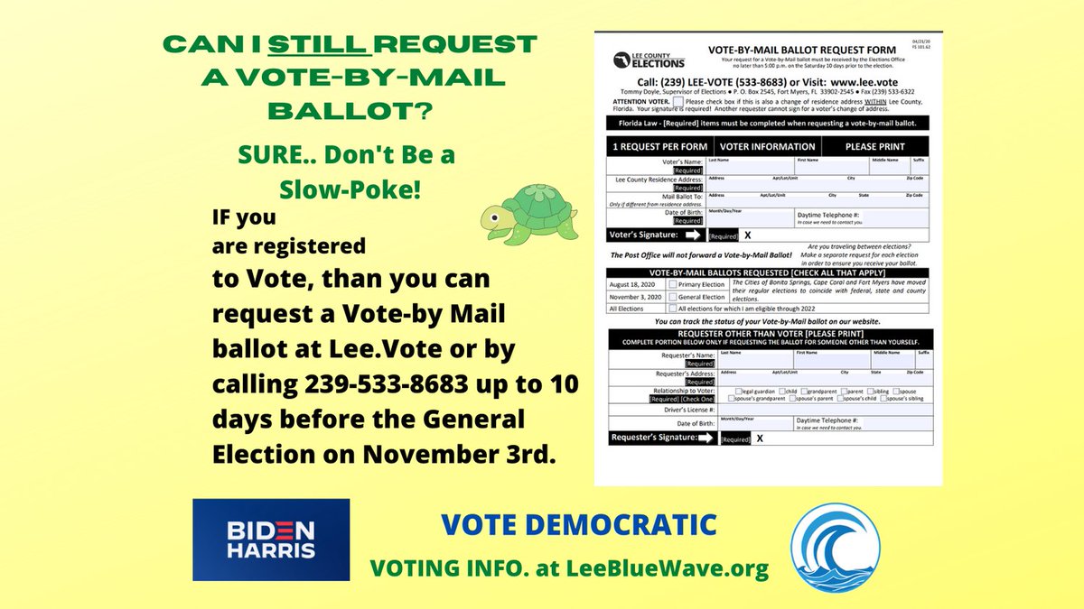 LeeBlueWave's tweet photo. Vote-by-mail = safe, easy, trackable! Get your ballot thru Oct 24. https://t.co/RrQuCJJRFa. https://t.co/2ohDtvAVQL, 2020 Candidates! Complete your ballot, seal it, sign it & drop it off. 4 locations, through Oct 18, M-F, 8:30am - 5pm, #LeeBlueWave #FlipFloridaBlue #BidenHarris https://t.co/mWRycvXWc5