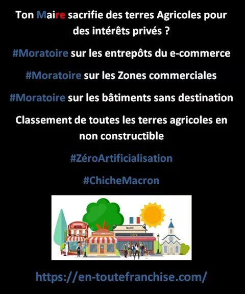 bechamail's tweet image. Arrêtons de confier l&apos;aménagement du territoire aux seuls Maires 
#Moratoire sur les entrepôts du e-commerce
#Moratoire sur les Zones commerciales
#Moratoire sur les bâtiments sans destination
Classement de toutes les terres agricoles en non constructible
#ZéroArtificialisation