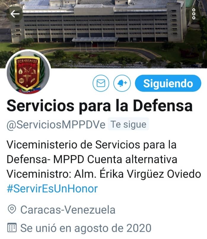 Les invito a seguir la cuenta @ServiciosMPPDVe, una nueva alternativa de interacción que nos permite seguir afianzando la cultura organizacional de la #FANB, mediante la difusión de información de actualidad, tras la suspensión, sin justificación, del usuario @Servicios_MPPD