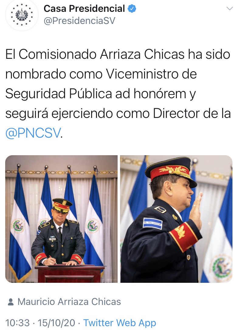 Hacen #LoMismoDeSiempre que arena y fmln-gana cuando “blindaban” con fuero al cap. Miranda y al cmdte. alias Ramiro Vásquez.

¿Saben que es incompatible e ilegal ejercer de director gral. de la PNC con cualquier otro cargo público? 

Nada nuevo bajo este ⛅️.