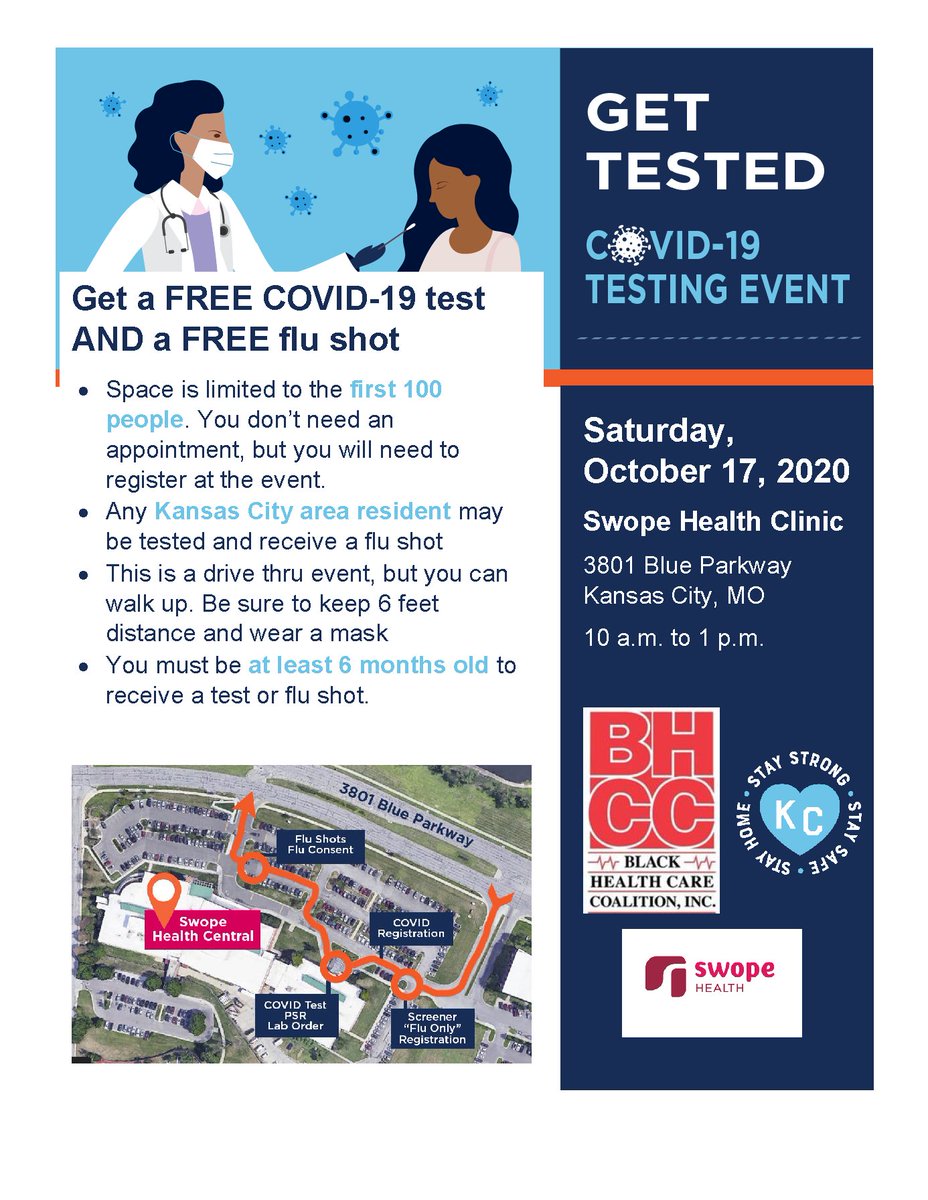 JacksonCountyPH's tweet photo. Have symptoms of COVID-19? Been exposed to someone who has the virus, or do you feel fine and just want to know?
Get tested for free on Saturday, Oct. 17. Free flu shots also available. No appointment necessary. This is a drive-thru event, walk-ups are allowed. #safereturnkc ⬇️ https://t.co/06waCjJWHG