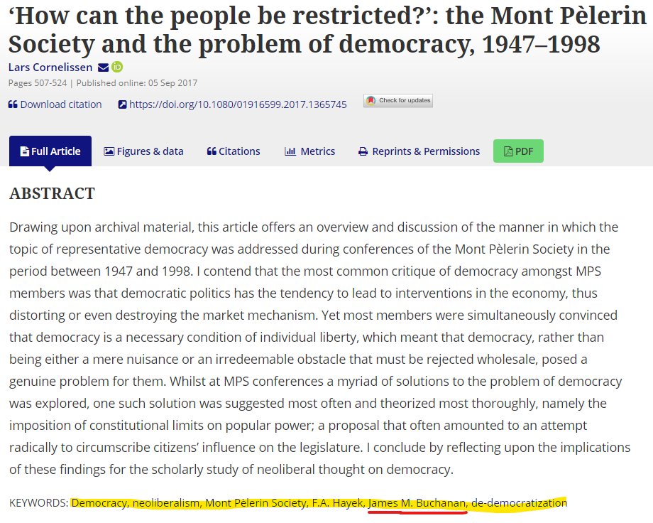 Many scholars see The Mont Pelerin Society - founded in 1947 by elites 'worried about the dangers faced by civilization' - as the foundational organisation of  #neoliberalism & their ideas contained the seeds of the contemporary 'Culture War', first manifested in 1990s America.