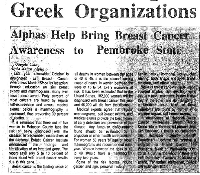 uncplibrary's tweet photo. In honor of October being Breast Cancer Awareness month, this #tbt takes us back to an article featured in The Pine Needle from 1994. Check out the full article in the library’s digital archives! #uncplibrary #breastcancerawareness https://t.co/CUobKM4Qky