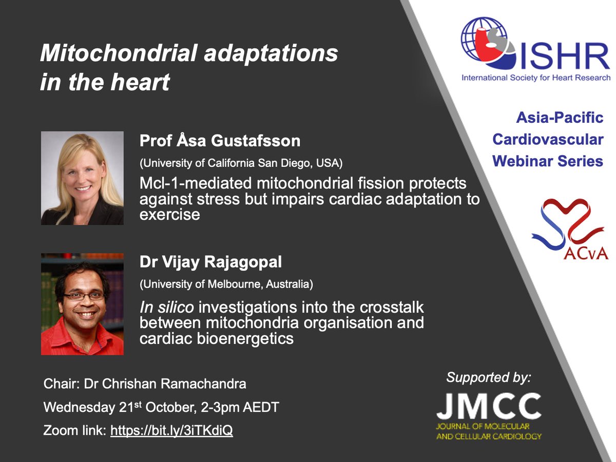 Dr Kate Weeks (@k8weeks) on Twitter photo Join us for next week's #ISHR webinar:
Mitochondrial adaptations in the heart
Speakers: Prof Asa Gustafsson & Dr <a href="/vj_rajagopal/">Vijay Rajagopal</a>
Chair: Dr Chrishan Ramachandra
2pm AEDT Wed 21st Oct (Tues in 🇺🇸)
Register: bit.ly/3iTKdiQ
<a href="/GustafssonLab/">Gustafsson Lab (UCSD)</a> <a href="/OzCvA/">ACvA</a> <a href="/JMCCardiology/">Journal of Molecular and Cellular Cardiology</a> <a href="/ISHR_NAS/">ISHR North American Section</a> Join us for next week's #ISHR webinar:
Mitochondrial adaptations in the heart
Speakers: Prof Asa Gustafsson & Dr <a href="/vj_rajagopal/">Vijay Rajagopal</a>
Chair: Dr Chrishan Ramachandra
2pm AEDT Wed 21st Oct (Tues in 🇺🇸)
Register: bit.ly/3iTKdiQ
<a href="/GustafssonLab/">Gustafsson Lab (UCSD)</a> <a href="/OzCvA/">ACvA</a> <a href="/JMCCardiology/">Journal of Molecular and Cellular Cardiology</a> <a href="/ISHR_NAS/">ISHR North American Section</a>