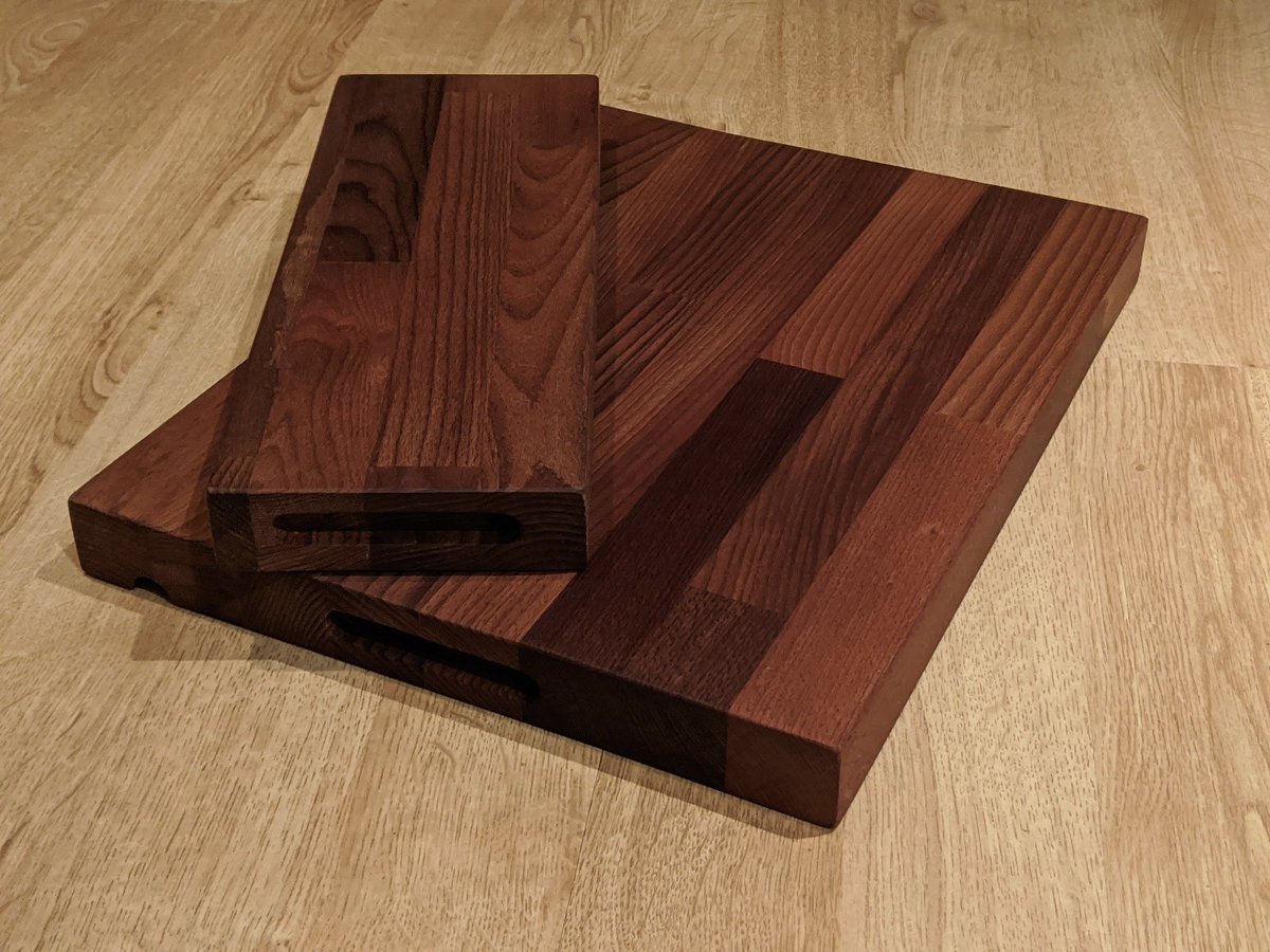 Shipped a side project!

These started out as a sample of kitchen worktop. Forgot to take a picture beforehand, but now they're a chopping board + serving board. Happy with that, for a first attempt