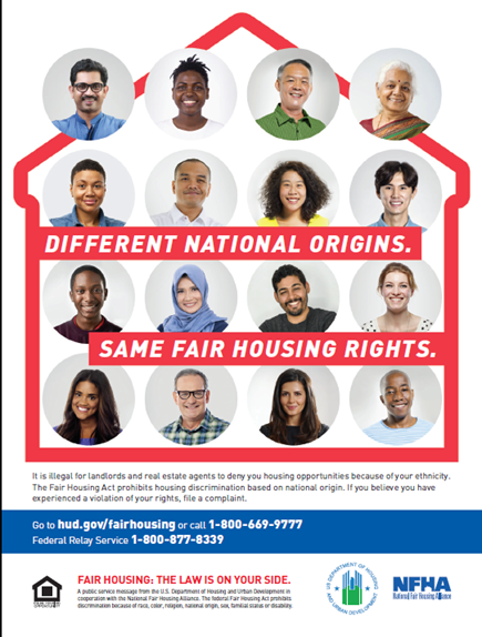 HUDgov's tweet photo. Did you know that the Fair Housing Act prohibits housing discrimination based on national origin? Contact HUD if you believe you are being discriminated against because of your ancestry or ethnicity. #FairHousing #CallHUD https://t.co/NuP1nCf9Sa