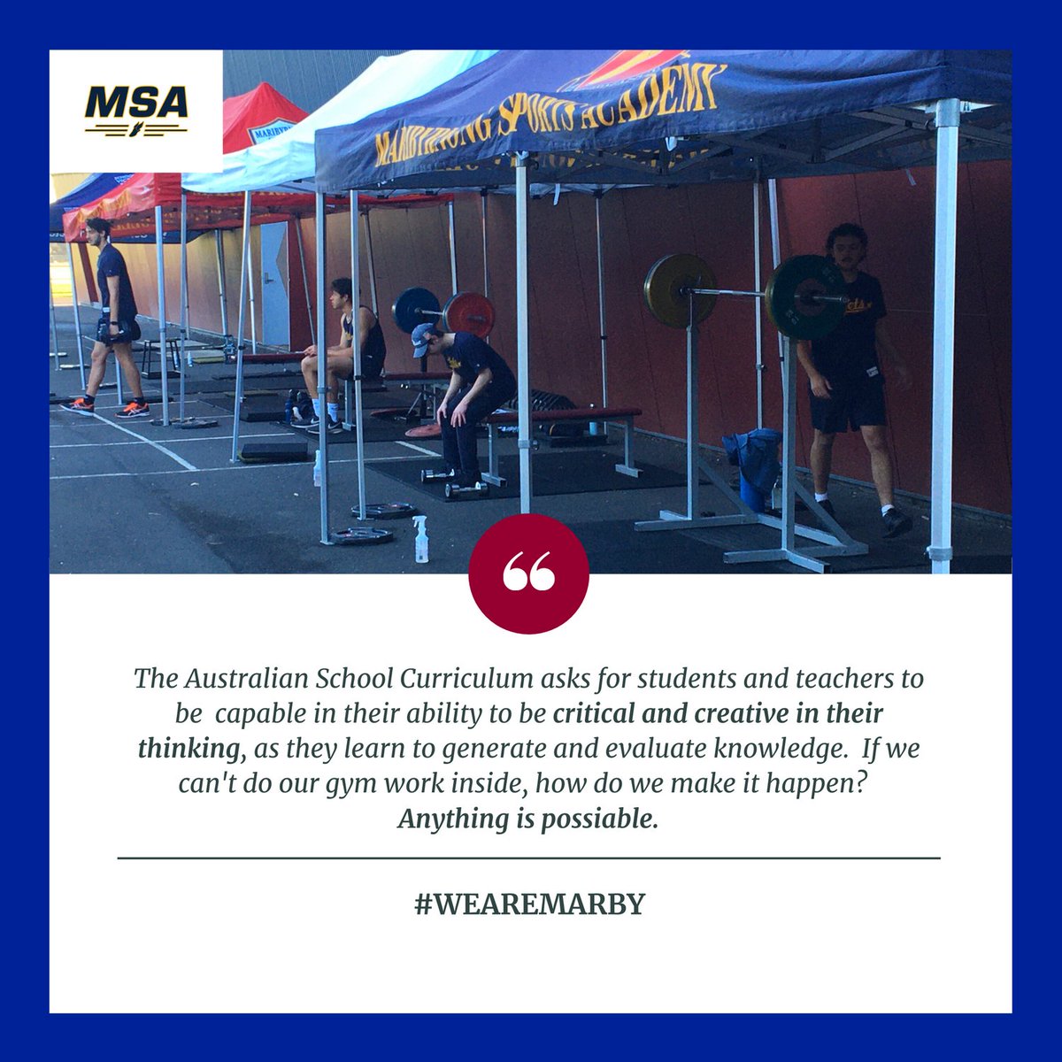 marbisports's tweet photo. It's all about being creative.  While we might be in lockdown rules around Melbourne that doesn't mean our creativity has to be locked up.  Do what you can, when you can, within the rules.  #wearemarby #anythingispossiable https://t.co/9efhRy1f59