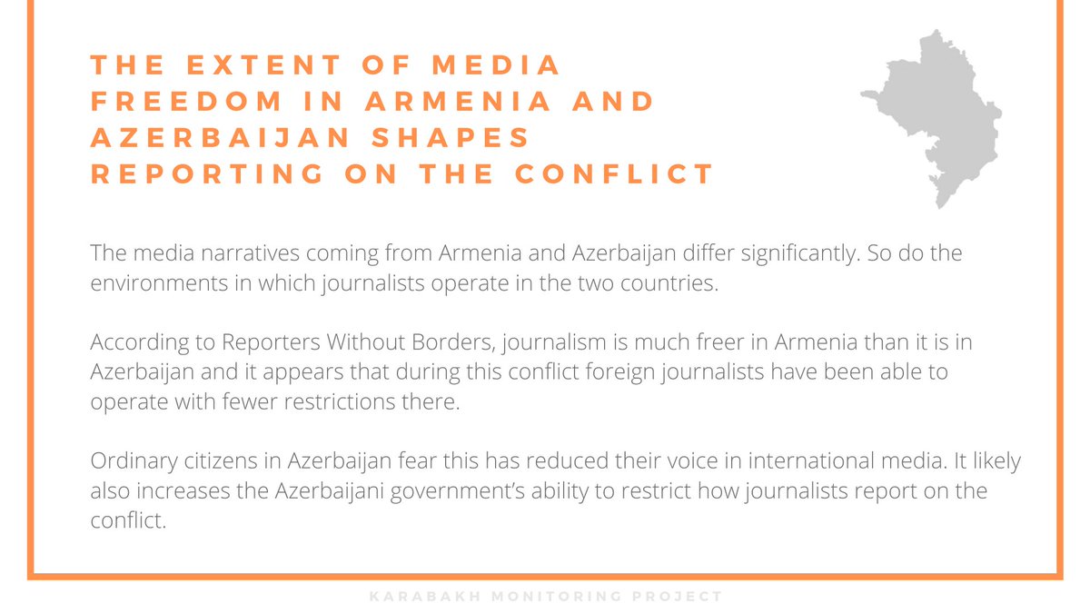 THREAD: #Azerbaijan and #Armenia are markedly different media environments. This is important in the context of the contradictory narratives coming out of the #Karabakh conflict: it affects the ability of journalists to verify competing claims (1/7) #MonitoringKarabakh