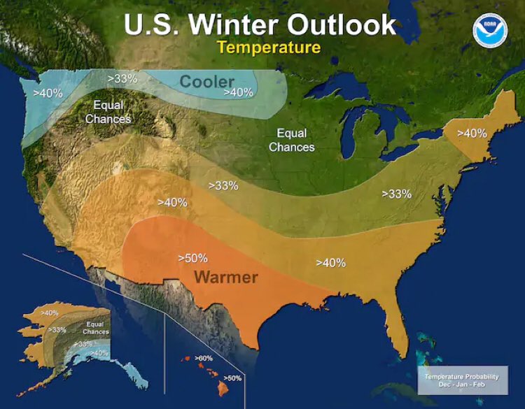 If you look at NOAA’s forecast for 17-18, it is surprisingly similar to this year’s (top of this thread) for both temp and precip, except for a bit lower confidence in the above average temp zone (6/x)