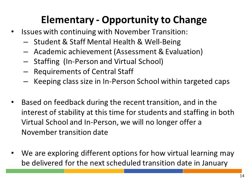 AD  @manonjgardner now speaking to issues with proposed November elementary transition - date is cancelled - due to a number of concerns - student & staff mental health and well-being - I know many will be glad to hear this news