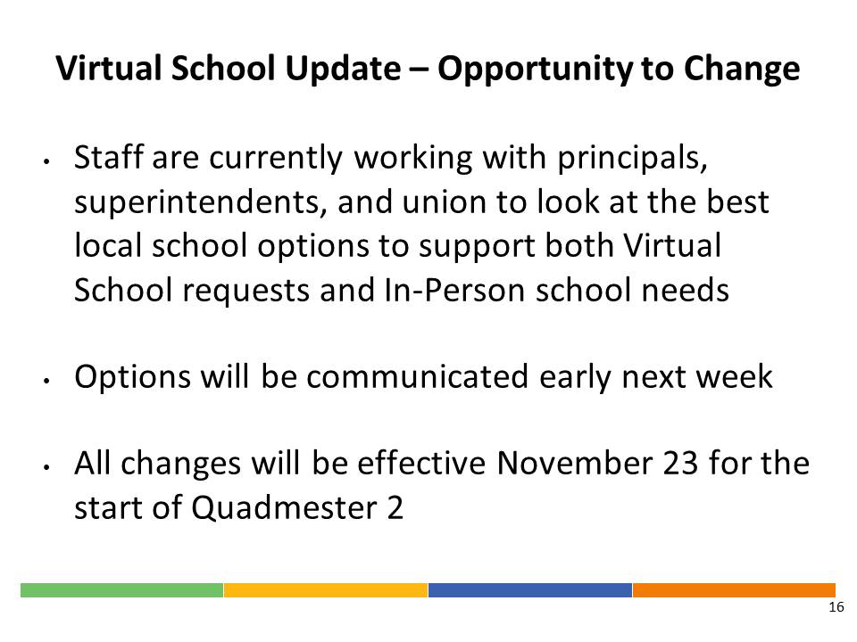 In secondary, staff working with principals, superintendents and unions to determine options - to be effective November 23rd - should know next week