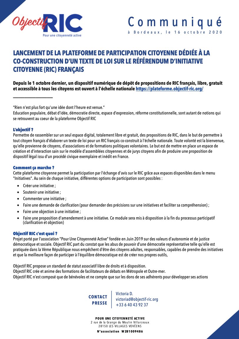 ObjectifRIC's tweet image. [Communiqué]
Lancement de la plateforme de participation #citoyenne dédiée à la co-construction d'un texte de loi sur le Référendum d'initiative citoyenne (#RIC) français 🇫🇷 !