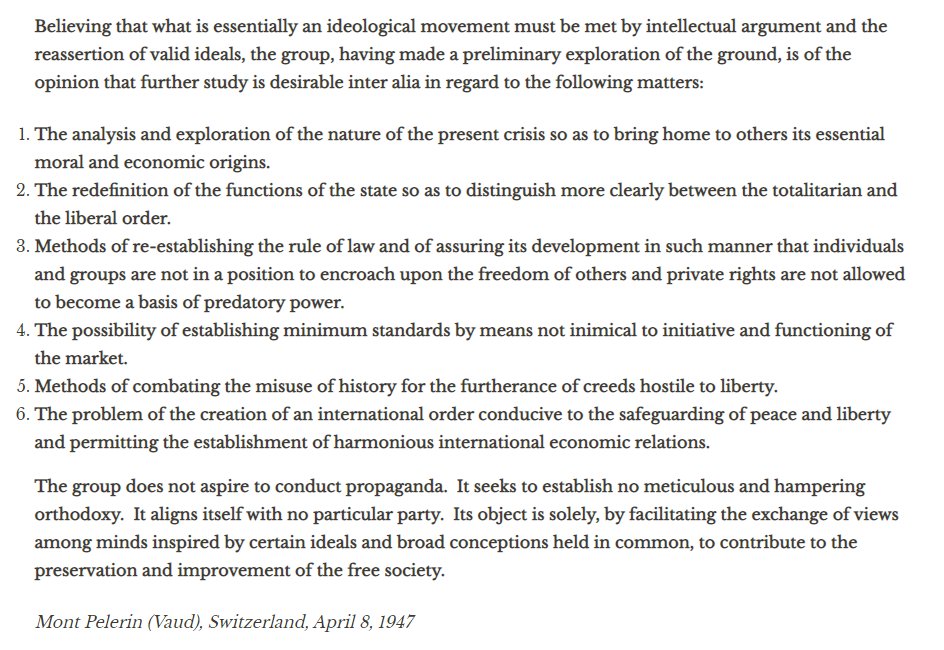 The  #MPS 'Statement of Aims' makes explicit key Libertarian free-market concerns coming to the fore in the last five years, & seen in groups as diverse as the ERG, Spiked, free-market think-tanks, Toby Young's 'Free Speech Union' & most recently, Laurence Fox's 'Reclaim Party':