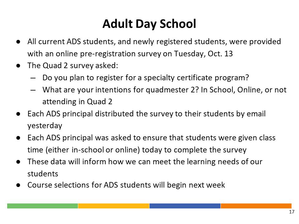 Update with regard to Adult Day School students