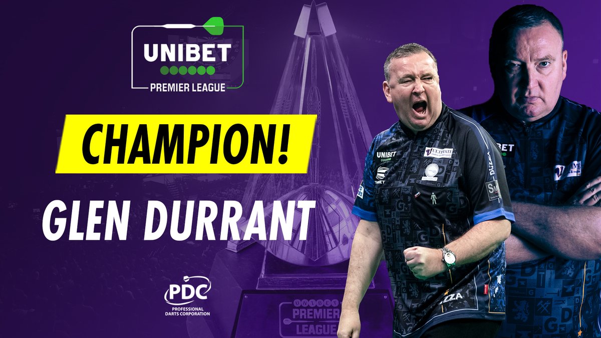 OfficialPDC's tweet image. CHAMPION 🏆

Glen Durrant wins the 2020 @unibet Premier League, beating Nathan Aspinall 11-8 in the final. 

Debutant. Table Topper. Champion. 

Incredible 👏