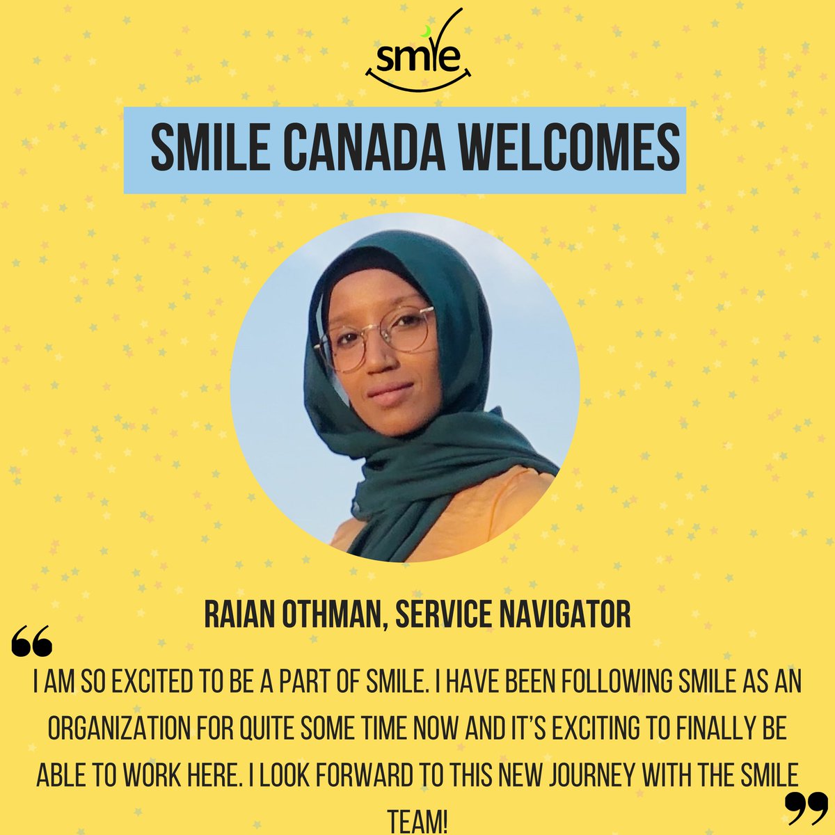 Meet Raian, SMILE's newest team member! In her role as service navigator, Raian corresponds with families, children and youth in Arabic in English. We are so excited to have you on the team. Let's give Raian a warm SMILE welcome!! #UnitedWeSMILE #InclusionForALL #SMILETeam