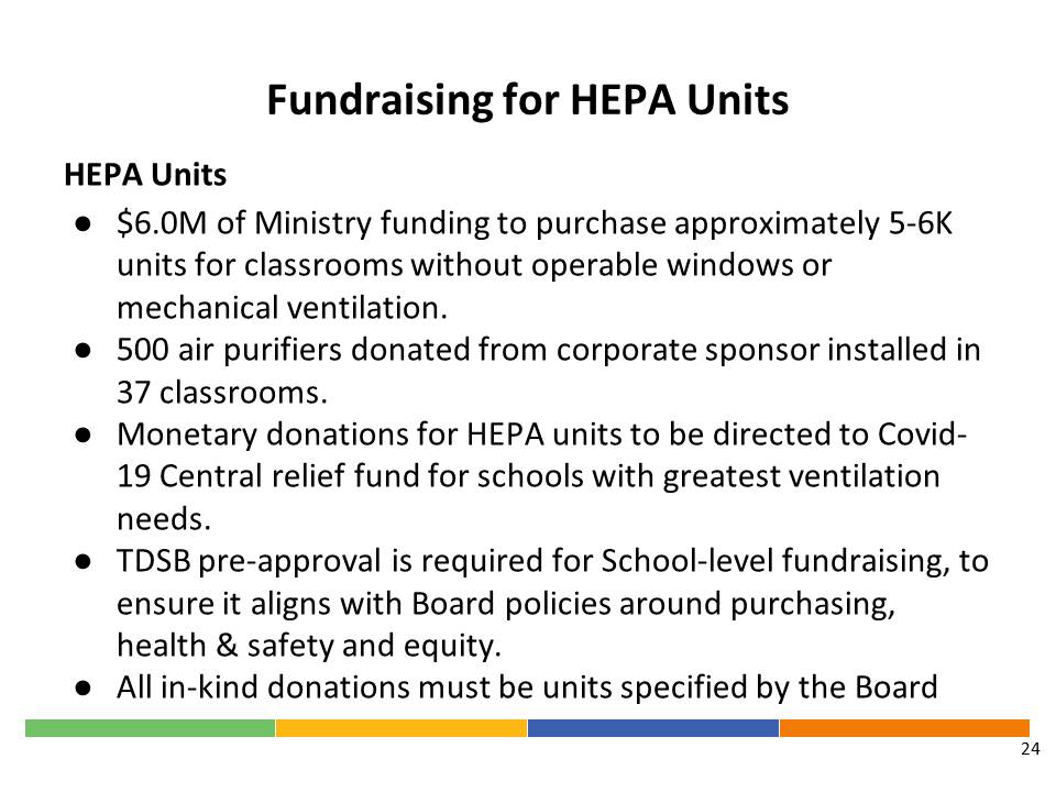 More details from staff on the HEPA units - working with schools - all donations need to be specified by  @tdsb