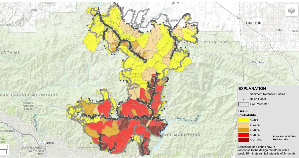 USGS's tweet image. We&apos;ve released #debrisflow hazard maps that indicate a high level of debris-flow hazard in the area burned by the #BobcatFire, CA. Debris flows can be hazardous to life and infrastructure. ow.ly/VLzK50BTwiC #USGS