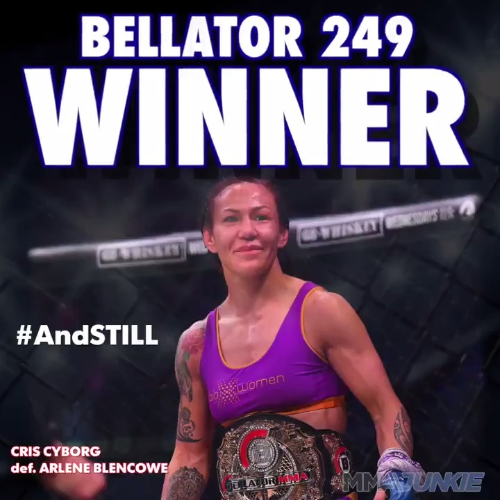 Image for the Tweet beginning: #Bellator249 results: @CrisCyborg def. Arlene
