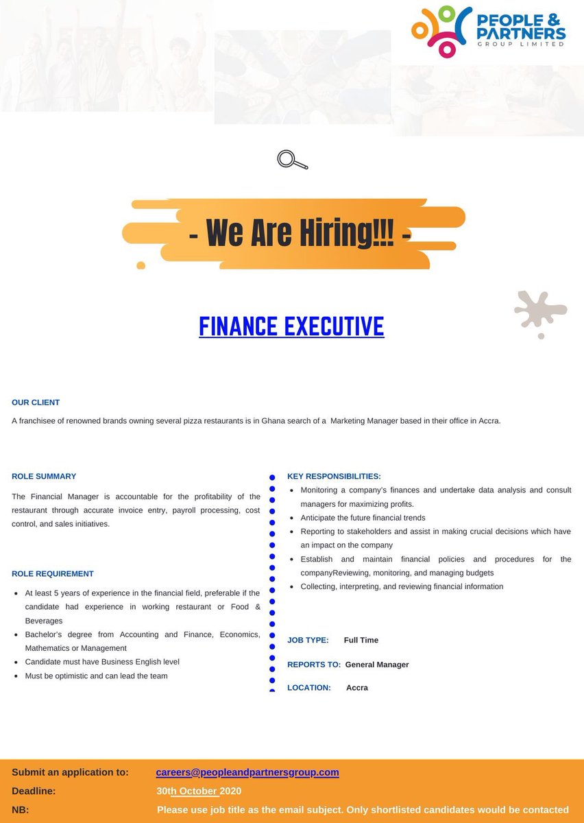 #Vacancy for
- #Finance #Executive
- #Branch #Manager
- #Marketing #Manager
- #Personal #Assistant
Kindly find attached for more information https://t.co/WdLmcvRXNC