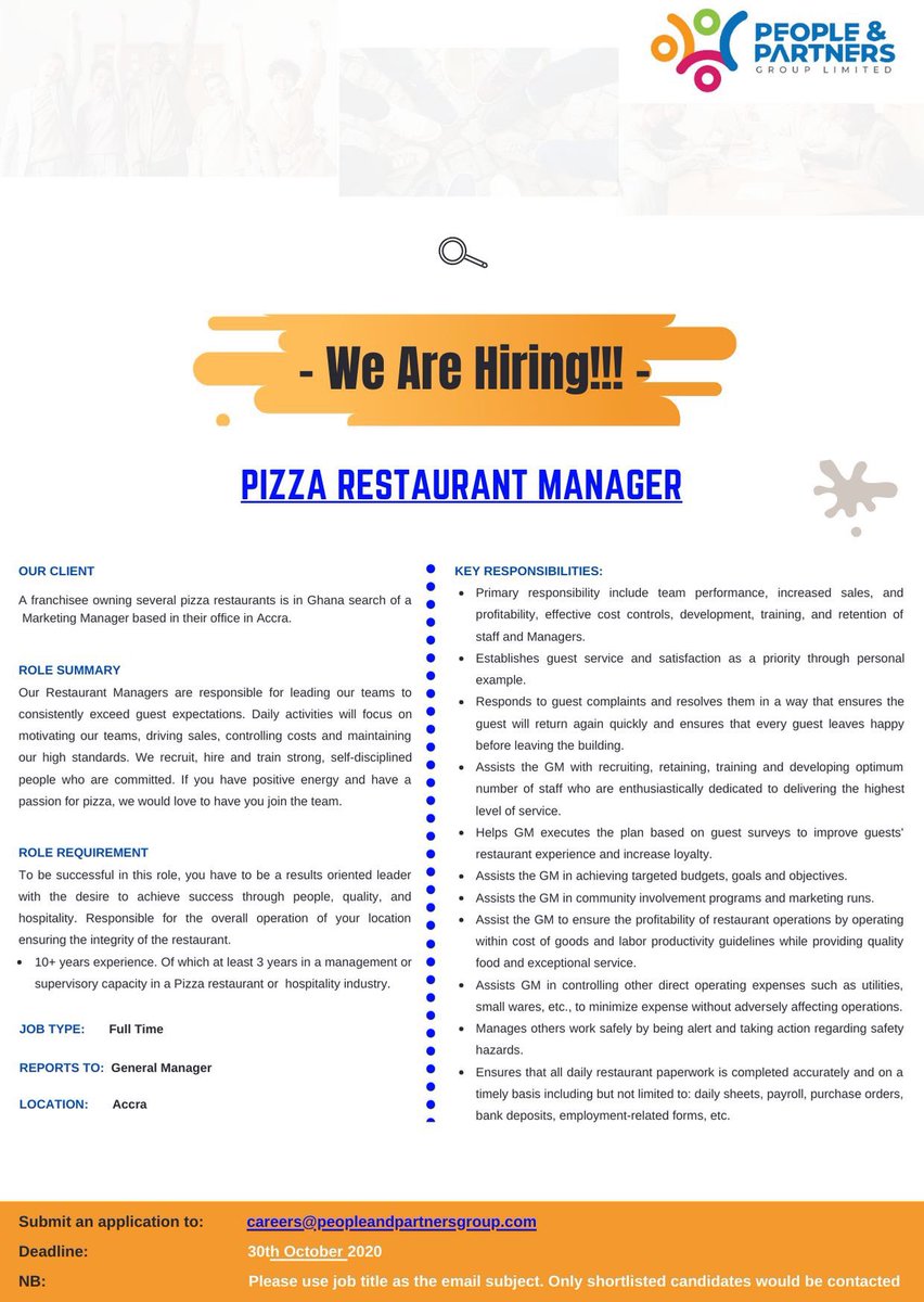 #Vacancy for
- #Pizza #Restaurant #Manager
- #Pizza #Restaurant #Supervisor
Kindly find attached for more information
#vacancies #jobs #ghana https://t.co/0QeZ4EQzZj