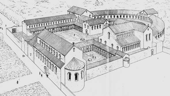 Our knowledge of what he did in Ingelheim is more limited but we do know the palace was adorned with material from Roman sites. Not too mention that architecture-wise it was very much rooted in those.Reconstruction of Ingelheim palace after Christian Rauch. 3/