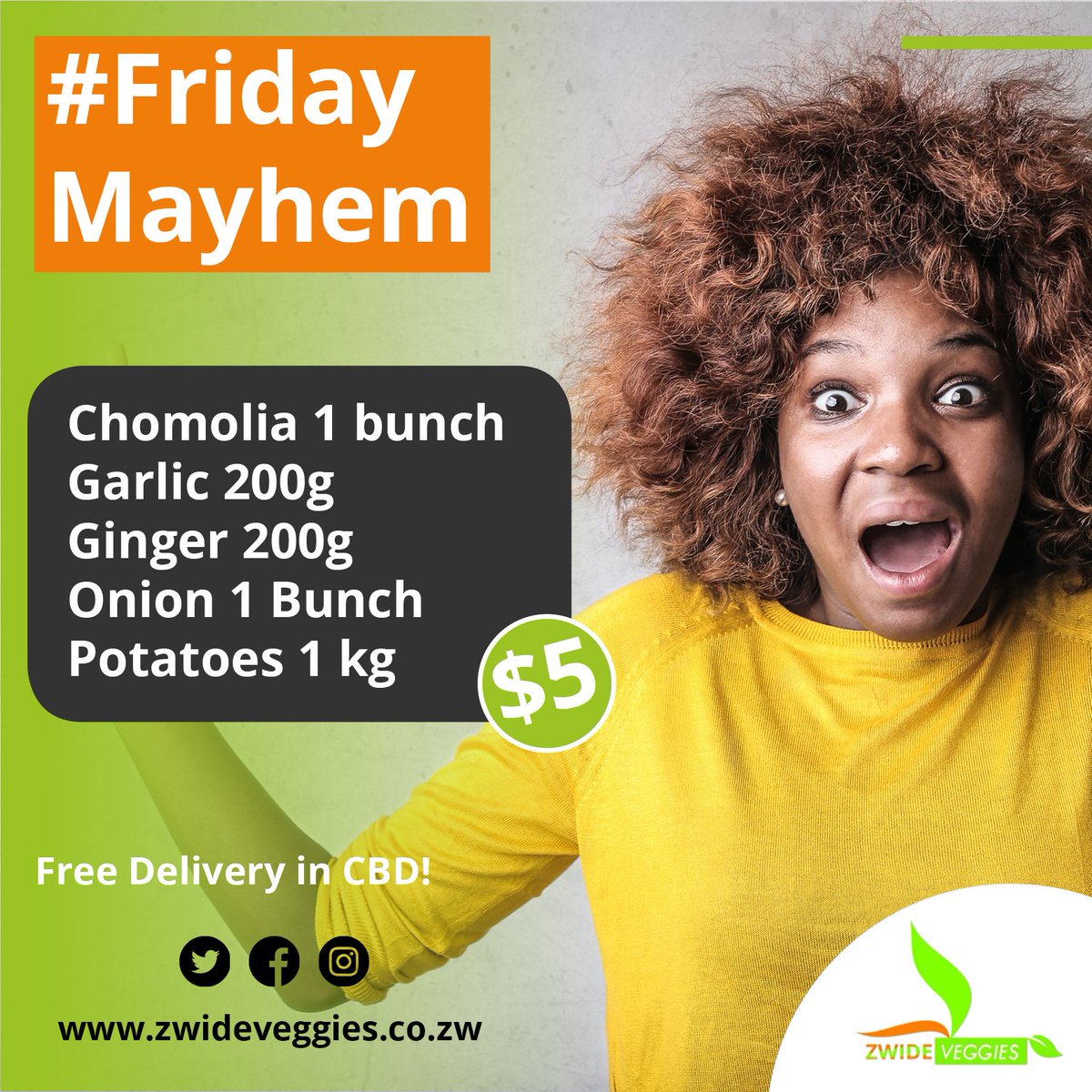 #FridayMayhem🤯 is back and #ZwideVeggies has a great #FridayBox ready for you. Order early to avoid disappointment and free Delivery in the CBD!!! Yes, Free! @EmmaNxumalo @CurateByo @samtenban @retweet263 #friday #farmfreshveggies #localproduce #bulawayo #zimbabwe #5dollardeals https://t.co/TbHtPQykL1