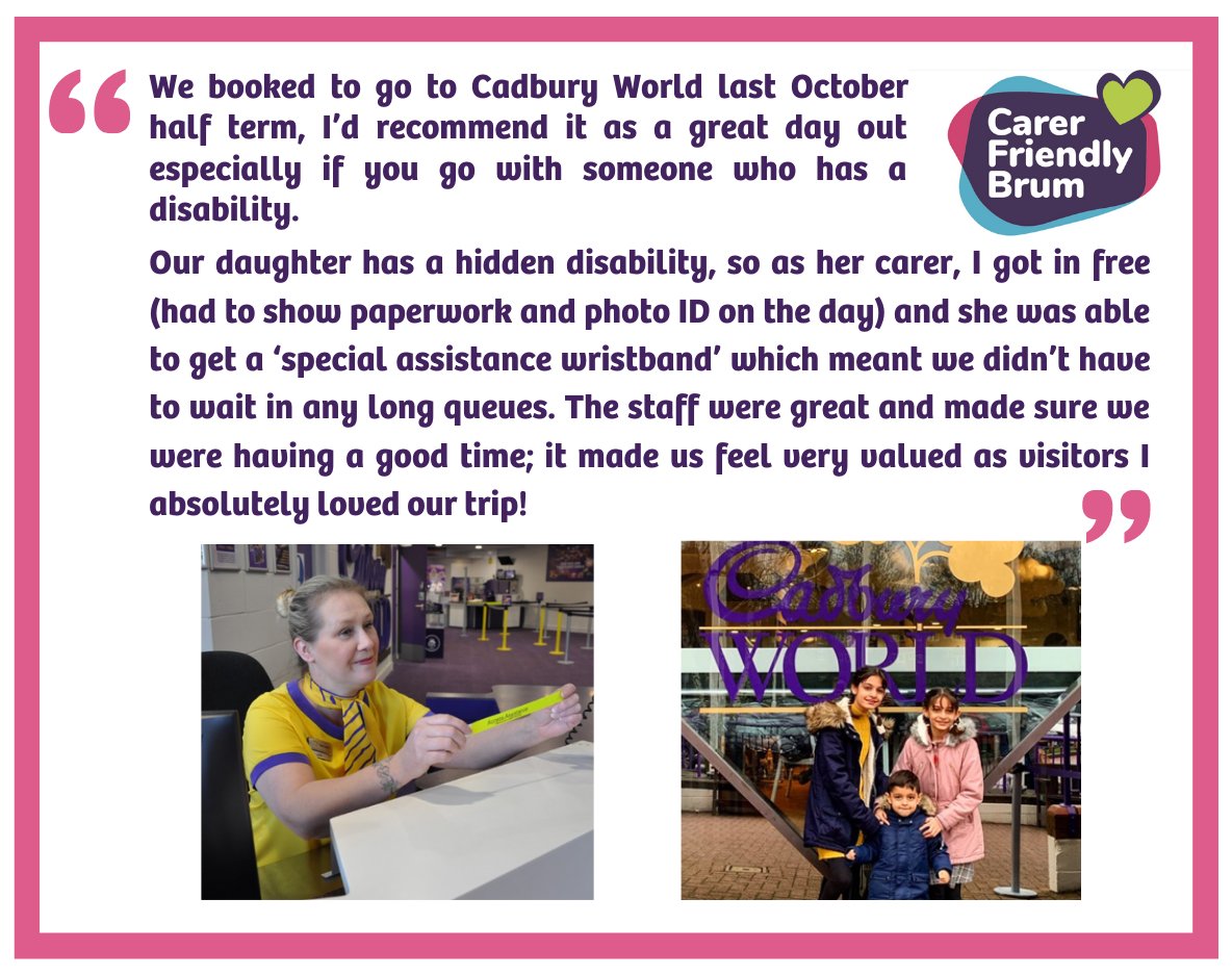 ‘Take it easy’ with Cadbury’s...World

If you're a #Carer &amp; had a positive experience visiting somewhere in #Birmingham, please show your appreciation &amp; nominate them for a #CarerFriendly Business Award. Nominate for your chance to WIN an ALEXA! ow.ly/vv8Y50C0vh5